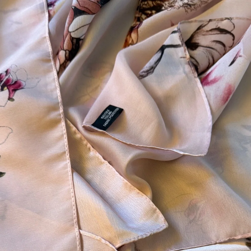 Pink Floral Silk Feel Polyester Scarf Rectangle Wrap‎ Made in China